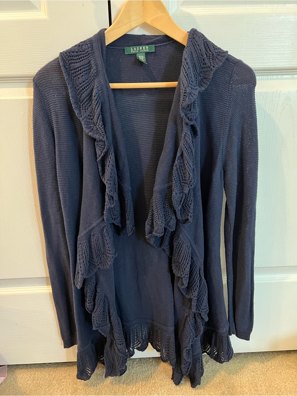 Lauren Ralph Lauren Navy Ruffle-Front Open Cardigan